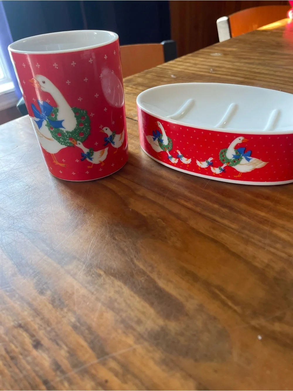 Vintage Christmas Geese Bathroom Soap Dish & Cup Set Holiday